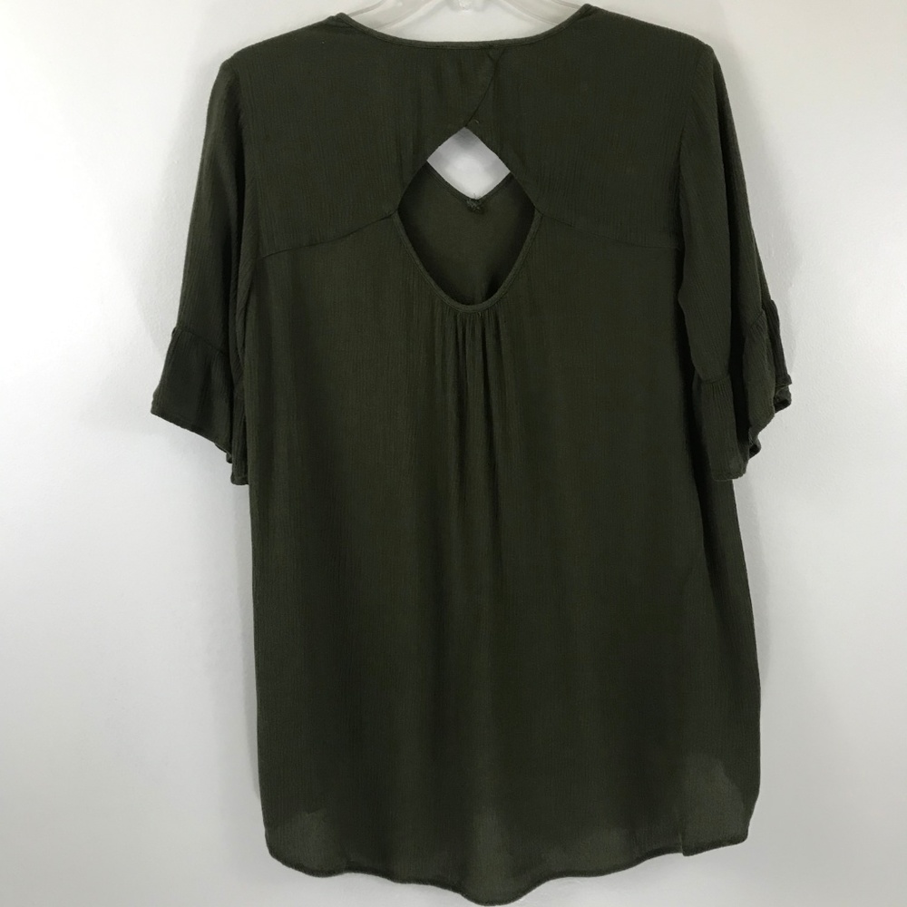 Pleione Olive Green Rose Patch Bell Sleeve Top XS - Picture 7 of 8